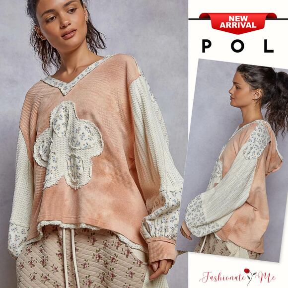 POL Boho Floral Embroidery Balloon Sleeves Washed Hooded Sweatshirt | Watermelon - Picture 1 of 5